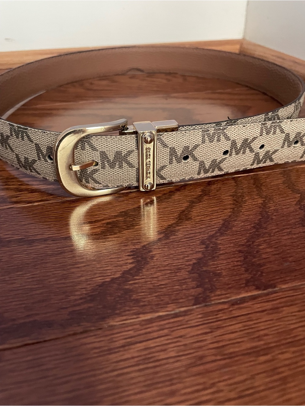 Michael Kors Women’s Beige/Tan MK Monogram Reversible Belt with Gold Buckle